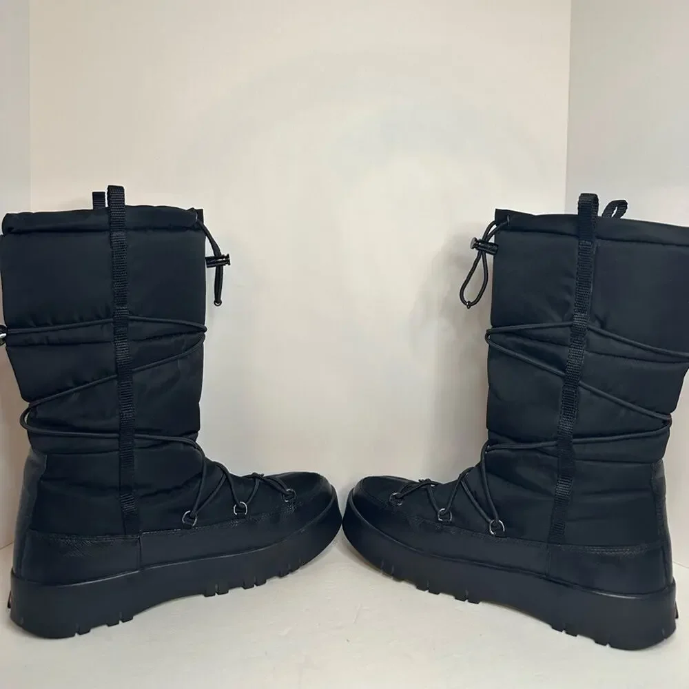 Prada Linea Rossa Saffiano Snow Boots Black EU 37.5 Nylon Mid-Calf Bungee Wrap